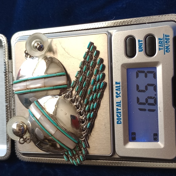 Native American Mother Of Pearl & Turquoise Sterling Silver Dangle Stud Earrings - Picture 16 of 16